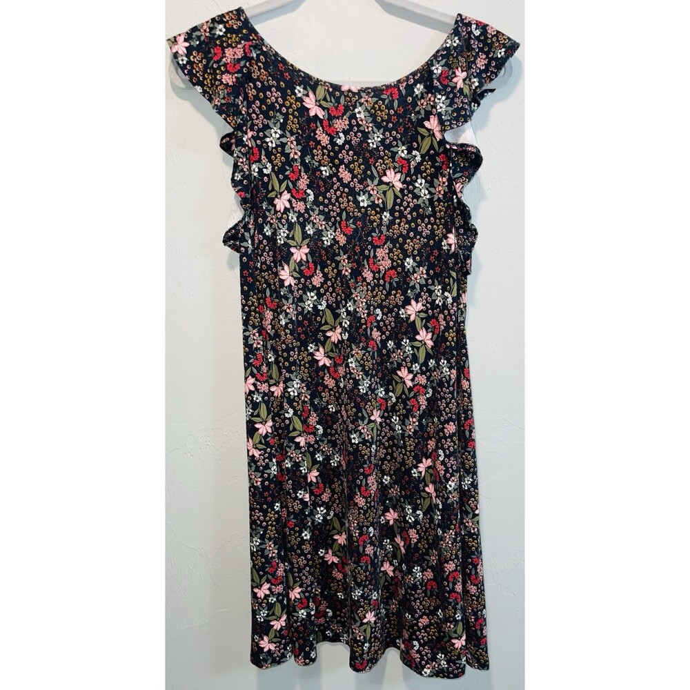LOFT Floral Flutter Sleeve Dress Black Pink Keyhole Back Size Medium